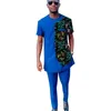 Herrspårar afrikanskt tryckt lapptäcke med solida byxor kungblå korta ärmar män sätter skräddarsydda nigerianska brudgummen manlig fest