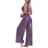 Pantalon de deux pièces pour femmes Femmes Pièces brillantes Costume Danse Yoga Tenues O Cou Sans Manches Haut Court Avec Lâche Taille Haute Jambe Large