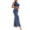 Pantalon de deux pièces pour femmes Femmes Pièces brillantes Costume Danse Yoga Tenues O Cou Sans Manches Haut Court Avec Lâche Taille Haute Jambe Large