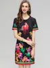 Women's Runway Dresses O Neck Short Sleeves Beaded Sequined Printed High Street A Line Mini Vestidos