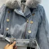 Hiver fausse fourrure col ceinture bleu chaud Denim veste femme Vintage décontracté doublure de fourrure Double boutonnage boutons en métal femmes vêtements d'extérieur 240118