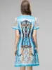 Women's Runway Dresses O Neck Short Sleeves Beaded Printed Hidden Zipper High Street Fashion A Line Mini Vestidos