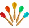 Baby Spoon Silicone Cutlery Infant Auxiliary Cutlery Wooden Handle Kids Training Spoons Home Dinnerware Kitchen Accessories SN