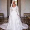 Robe De mariée élégante en Satin, col transparent, ligne A, manches en dentelle plissée, Robe De mariée d'église, grande taille, bouton au dos, Robe De mariée