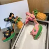 Sandals Pink Printing Pineapple Women Platform Black Yellow Chunky High Heels Beach Summer Shoes Large Size43 Sandalias Femmes