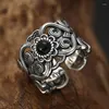 Clusterringen Originele Holle Patroon Open Ring Designer Craft Zwarte Agaat Steen Elegante Charme Thaise Zilveren Damessieraden