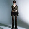 Women's Two Piece Pants Sexy See Through Black Lace Suit Outfit 2024 Fashion Elegant 2 Women Bodysuit Shirt And Flare Pant Matching Set