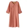 Women's Sleepwear Spring Chinese Style Slanted Front Sleep Dress Pure Cotton Jacquard 3/4 Sleeves Sleepshirts Thin Pan Button Nightgowns