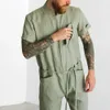 Dress Men Jumpsuit Solid Color Short Sleeves Patch Pocket Zipper Fly Stand Collar Summer Romper Onepiece Casual Overalls Trousers