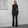 Women's Two Piece Pants Chic Lace Up Bandage Set Long Sleeve Crop Top Sexy Hollow Out Flare Fashion Nightclub Party Women Matching Suit