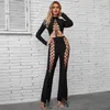 Women's Two Piece Pants Chic Lace Up Bandage Set Long Sleeve Crop Top Sexy Hollow Out Flare Fashion Nightclub Party Women Matching Suit