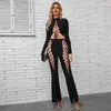 Women's Two Piece Pants Chic Lace Up Bandage Set Long Sleeve Crop Top Sexy Hollow Out Flare Fashion Nightclub Party Women Matching Suit