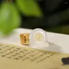 Anéis de cluster inspirado design banhado a ouro incrustado natural hetian jade redondo anel aberto elegante charme senhoras jóias de prata