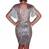 Bühnenkleidung, glitzernde Strasssteine, Fransen, Damenkleid, Sängerkostüm, Party, Show, Tänzer, Leistung, dünn, Stretch, Mini