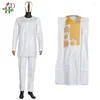 Etnik Giyim Afrika Giysileri Erkekler İçin Geleneksel Bazin Riche Nakış Beyaz 3 PCS Set Düğün Durumu Elbise Dashiki