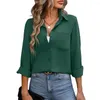 Kadınlar bluzlar yaka düğmesi gömlek üstleri şık bahar/sonbahar ofis koleksiyonu düz renkli bluz uzun kollu düğme
