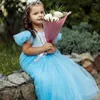 Robes de fille Simple robe de fleur bleue pour le mariage Tulle moelleux cristal cheville longueur arc enfants fête d'anniversaire première communion robes de bal