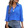 Kadınlar bluzlar yaka düğmesi gömlek üstleri şık bahar/sonbahar ofis koleksiyonu düz renkli bluz uzun kollu düğme
