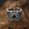 Cluster Rings Original Hollow Pattern Open Ring Designer Craft Black Agate Stone Elegant Charm Thai Silver Women's Jewelry
