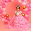 Rose luxe petits enfants robes de fête d'anniversaire robes de fille de fleur manches courtes volants à plusieurs niveaux Tulle Rehinestones robe de demoiselle d'honneur princesse reine robes NF024