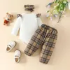 Geboren Baby Meisjes Kleding Lange Mouw Cartoon Beer Onesie Plaid Boog Broek Hoofdband 3 Stuks Sets 0-18 Maanden baby Suits 240119