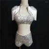 Stadiumkleding Zilver Grote Strass Bikini Omzoomd Jas Dames Feestoutfit Jazzdanseres Kostuum Zanger Rave Kleding XS6450