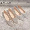 Comemore Champagne Color Flat Shoes Female Andue Autumn Summer Silver Silver Low Keel Rhinestone Wedding Bridal Pumps 240119