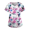 Women's T Shirts Summer Flower 3d Print T-shirt Women Floral Uniform V-neck Pocket Tops Working Tees Woman Girl Clothing