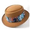 Berets 2024 Men Women Pork Pie Hat With Blue Ribbon Dad Wool Fedora Trilby Fascinator Flat Jazz Dance Party