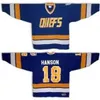 Mens Womens Youth Hanson Brothers Charlestown Chiefs 17 Steve Hanson 18 Jeff Hanson Hockey Jersey Blue White Slap Shot Movie Size S-5XL