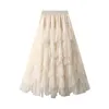 Skirts Women's Spring Autumn Midi Skirt Solid Color Elastic Band Tiered Ruffle Flowy A-line Tulle Aesthetic Fairycore