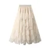 Rokken Dames Lente Herfst Midi Rok Effen Kleur Elastische Band Gelaagde Ruffle Flowy A-lijn Tule Esthetische Fairycore