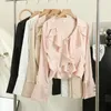 女性のブラウスBlusas Mujer v Neck Fruffles Solid Color Shird Sleeve Satin Blouse Top Women 2024 French Court Retro Camisas Lace-Up Drop