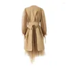 Women's Trench Coats Stylish Design Khaki Coat Mesh Patchwork Double Breasted Long Overcoat