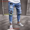 Leggings en détresse hip-hop populaires européens et américains pour hommes Amazon WISH Badge Micro Elastic Jeans Nouveau modèle jeans bleus