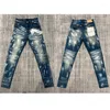 Jeans da uomo stile retrò hip-hop viola personalità del marchio pantaloni elasticizzati in tessuto con cuciture strappate pantaloni in denim vecchio lavato Real Po