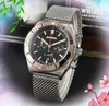 Sub Dial Working Mens President Relógios Cronômetro Quartz Bateria Movimento Relógio Seis Pinos Lumious Multi Funcional Popular Full Stainless Mesh Silver Strap Watch