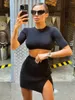 Spódnice 2-częściowe zestawy stałe dzianiny kobiety o szyjce z krótkim rękawem guziki dzielone bodycon mini swobodny zestaw streetwear