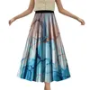 スカート2024女性秋の夏ファッションハイウエストスリムAラインスイングドレスプリントプリーツミッドレングス長いスカート