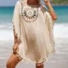 Kvinnors badkläder Canwedance Beach Cover -ups Hook Solid Color Tassel Sunscreen Sexig Swimears Bikinis Overdimensionerad virkningsklänning