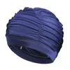 Nuovo colore solido capelli lunghi donna uomo piscina mare sport acquatici tessuto elastico in nylon pieghettato cuffie da bagno cappello turbante YQ240119