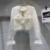 Primavera feminina nova tweed lã paillette lantejoulas pele de avestruz manguito manga longa jaquetas curtas smlxl
