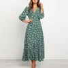 Casual Dresses 2024 Frühling Herbst Damen Lange Puffärmel Ausgestelltes Kleid Mode Weibliche Knöpfe Swing A-Line Frauen Floral V-Ausschnitt Maxi