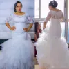 2019 Maßgeschneiderte Plus-Size-Meerjungfrau-Hochzeitskleider mit 3-4 langen Ärmeln, Spitzenapplikation, Stufenrock, Sweep-Zug, Gartenhochzeit Bri304R