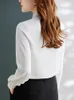 Women's Blouses Patchwork Letter Print Bow Tie Women Shirt Pearl Button Darped Fabric Turn Down Neck White Office Lady Elegant Formal Top