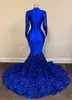 Vestidos de festa azul real lantejoulas baile para meninas negras 2024 sereia mangas compridas sexy africano formal noite vestido de gala casamento