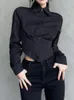Women's Blouses Deeptown Y2k Black Slim Crop Shirt Women Gothic Goth Harajuku Button Blouse Cropped Top 2024 Autumn Kroena Fashion Kpop