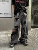 Jean en Denim délavé noir en détresse, pantalon à jambes larges rétro de Style américain pour hommes et femmes, pantalon Hip Hop Harajuku 240118