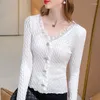 Women's T Shirts Office Lady Fashion Elegant White Ruffles Lace T-shirt Female Clothing Bottoming Chic Women V-neck Slim Long Sleeve Solid