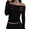 Mulheres Camisetas Mulheres Elegantes Manga Longa T-shirt Alças Contraste Cor Tie Up Crop Top Y2K Slim Fit Verão Clubwear